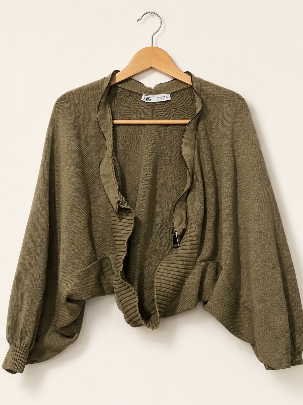 ZARA Olive Green Cropped Open-Front zipper Hem Cardigan